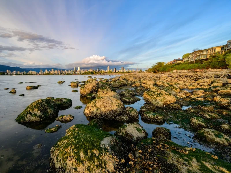 Panoramic view of Kitsilano Beach with the Vancouver skyline