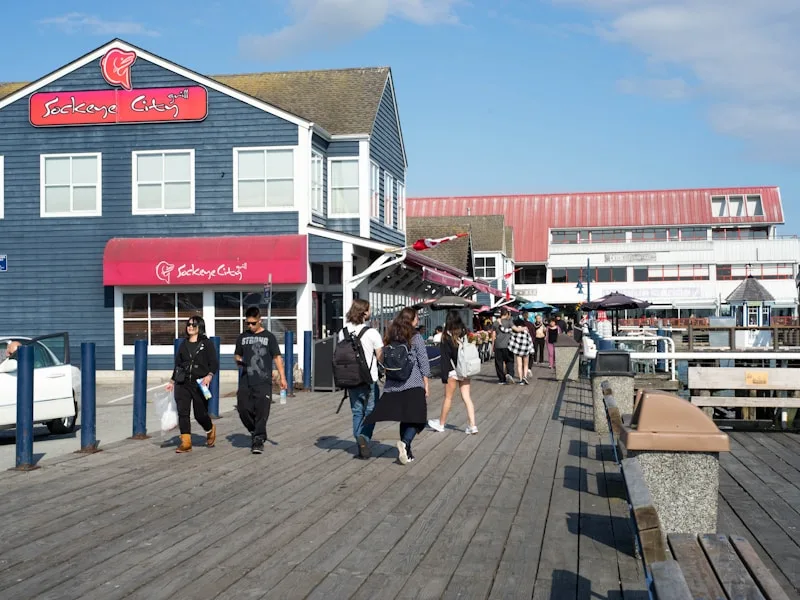 Steveston Village pier and waterfront at sunset in Richmond BC