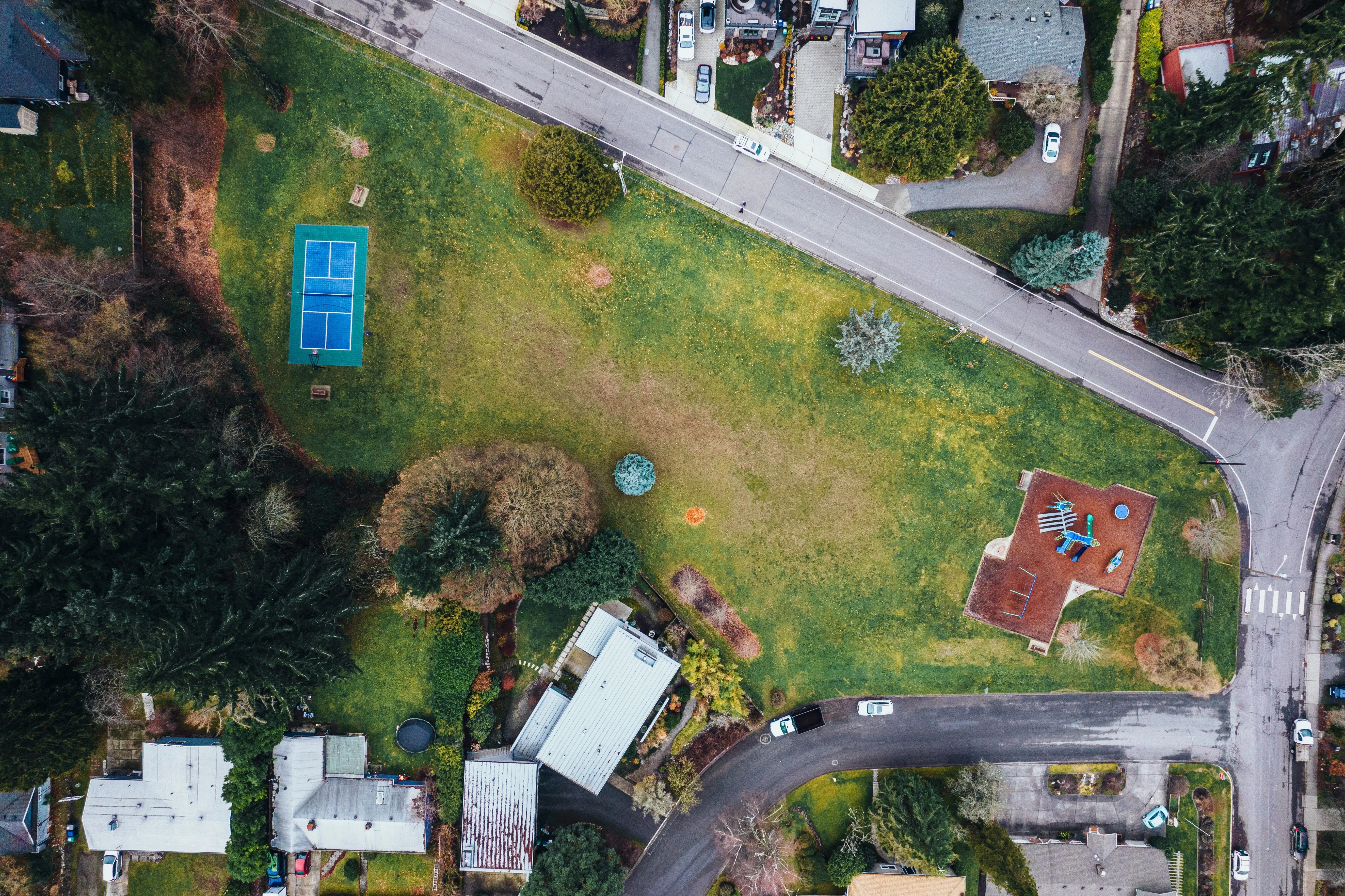 Aerial view of a residential setting from above