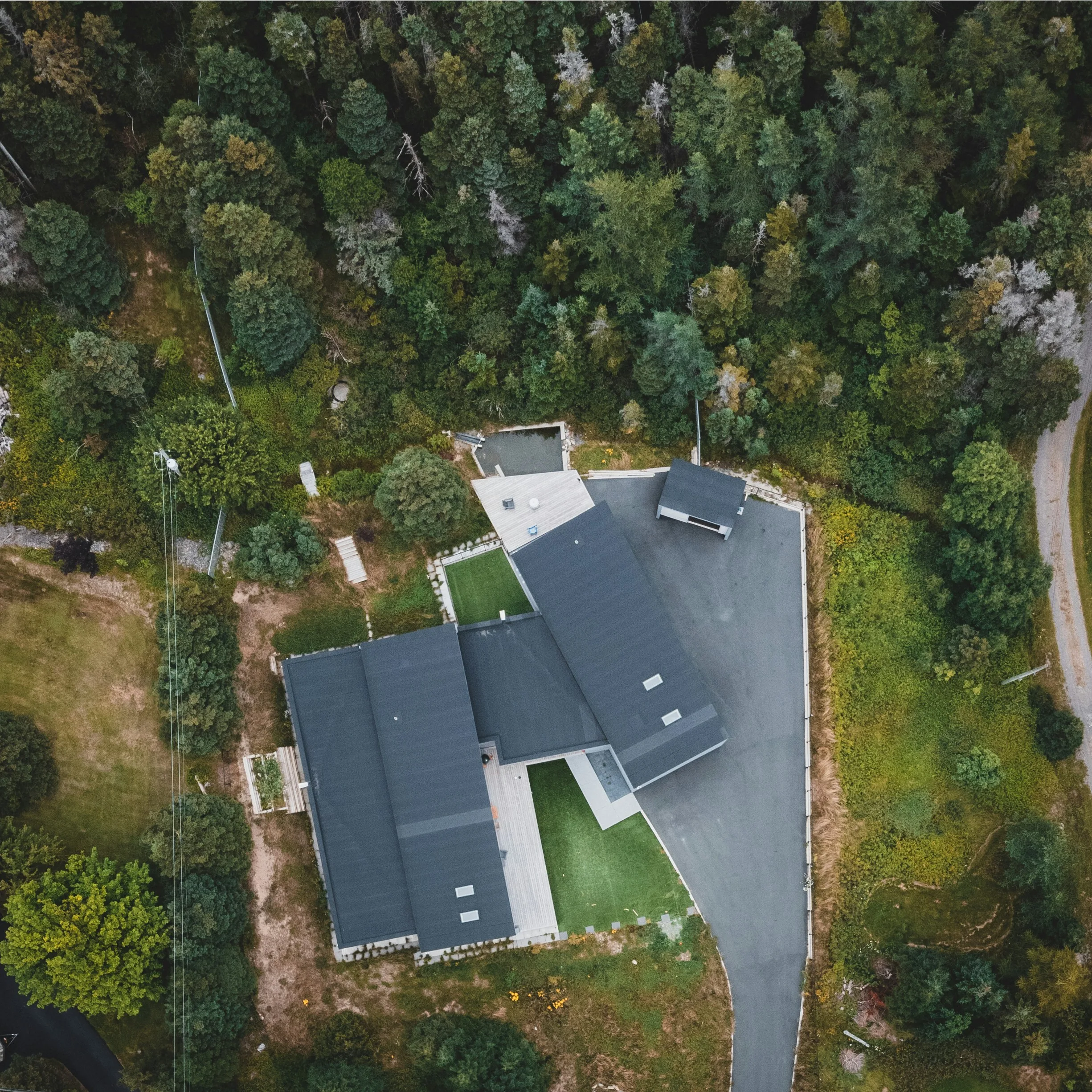 Aerial perspective of homes and tree-lined streets